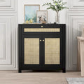 Meuble de rangement en rotin noir avec tiroir et 2 portes, étagères réglables