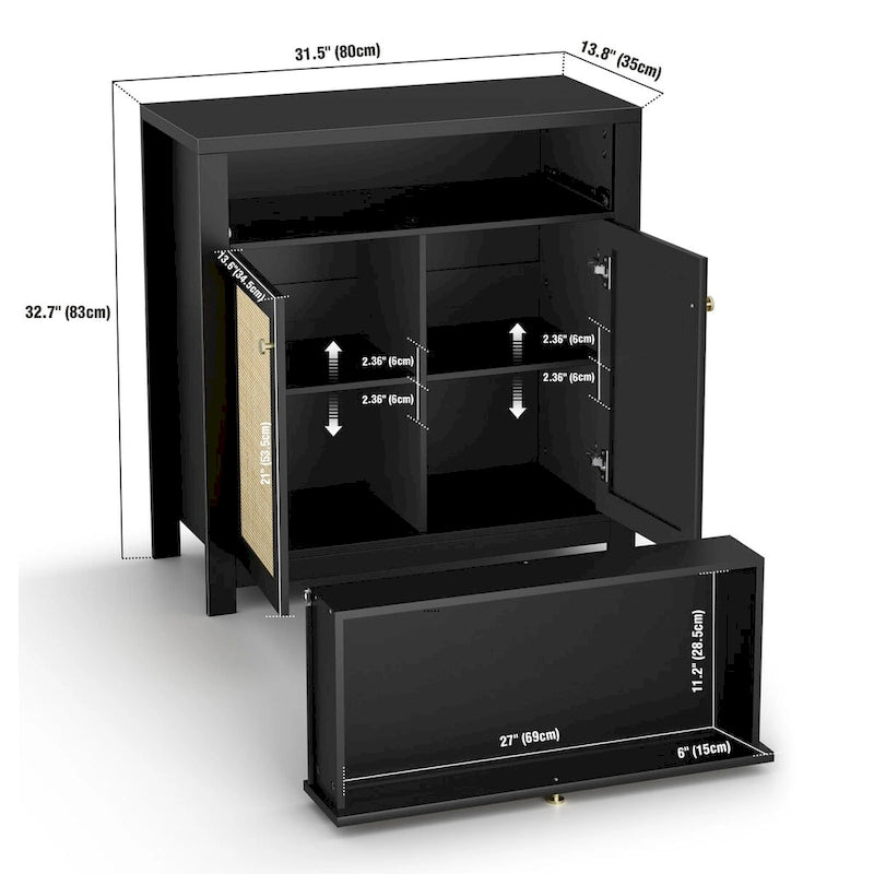 Meuble de rangement en rotin noir avec tiroir et 2 portes, étagères réglables
