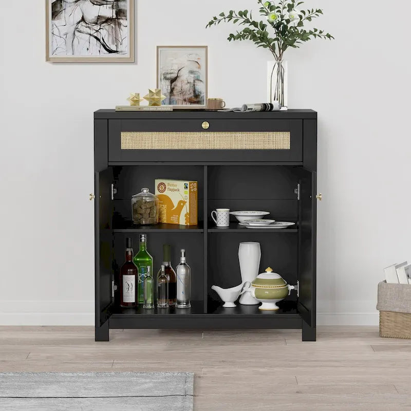 Meuble de rangement en rotin noir avec tiroir et 2 portes, étagères réglables