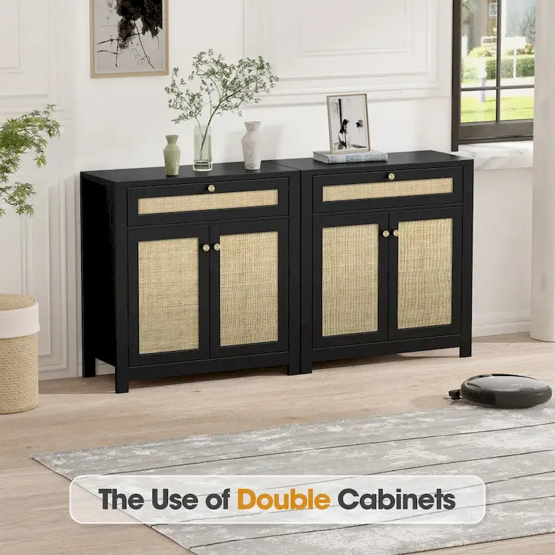 Meuble de rangement en rotin noir avec tiroir et 2 portes, étagères réglables