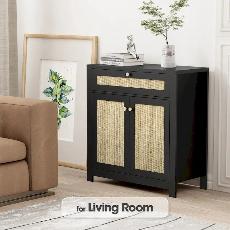 Meuble de rangement en rotin noir avec tiroir et 2 portes, étagères réglables