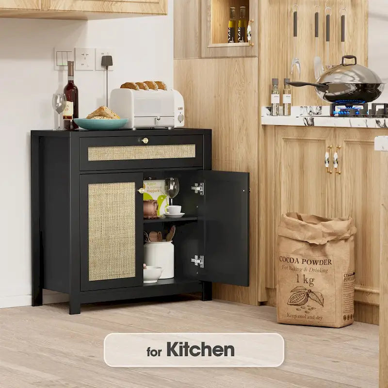 Meuble de rangement en rotin noir avec tiroir et 2 portes, étagères réglables