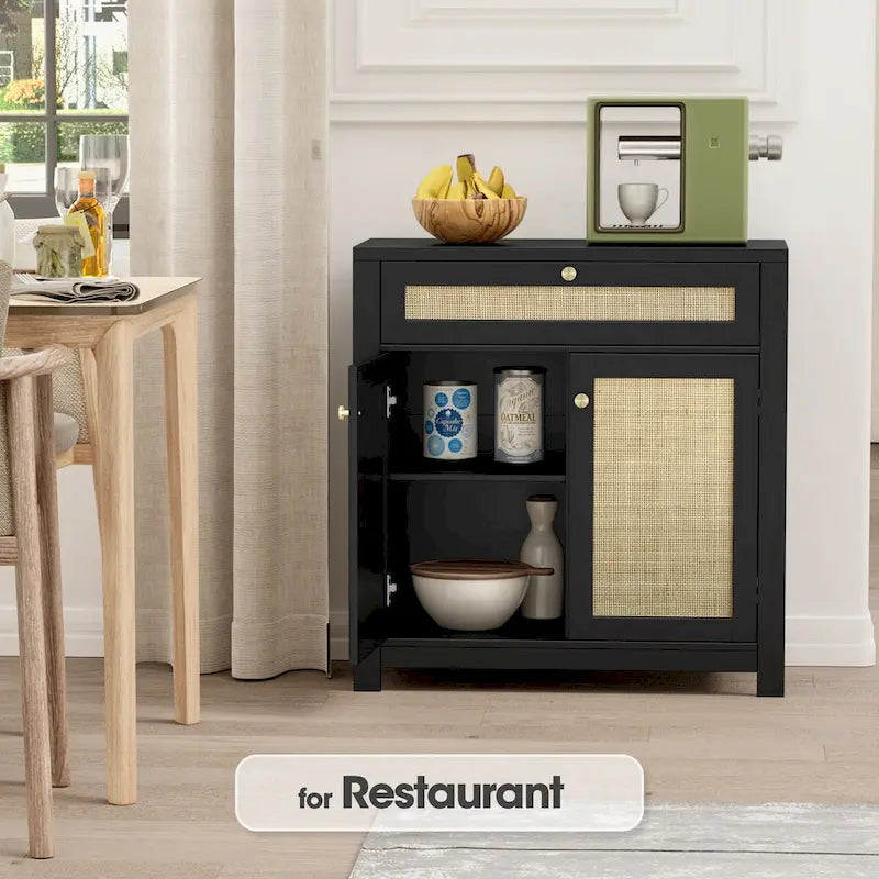 Meuble de rangement en rotin noir avec tiroir et 2 portes, étagères réglables
