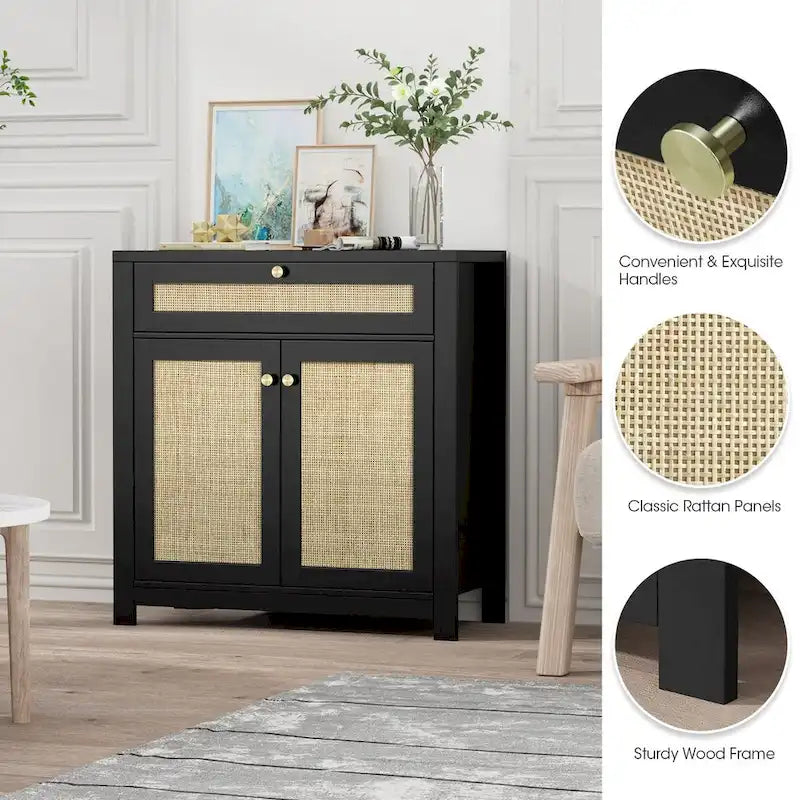 Meuble de rangement en rotin noir avec tiroir et 2 portes, étagères réglables