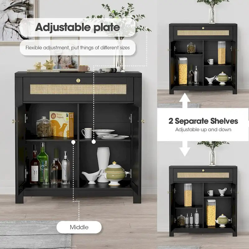 Meuble de rangement en rotin noir avec tiroir et 2 portes, étagères réglables