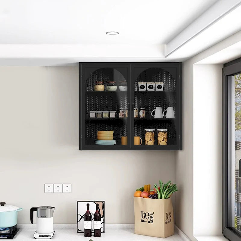 Meuble haut mural moderne à deux portes vitrées avec trois niveaux de rangement