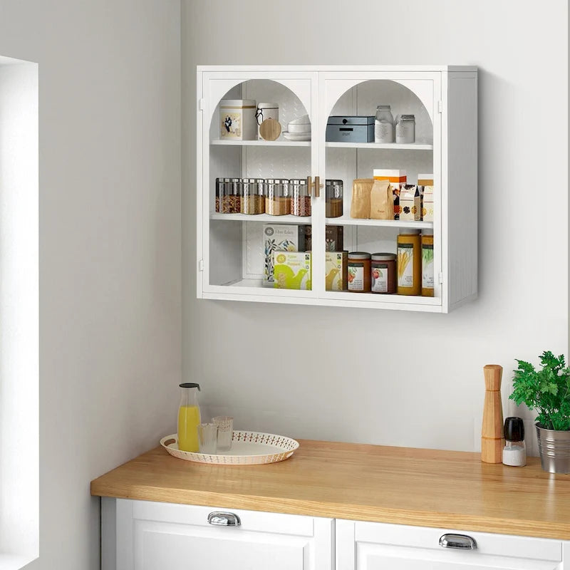 Meuble haut mural moderne à deux portes vitrées avec trois niveaux de rangement