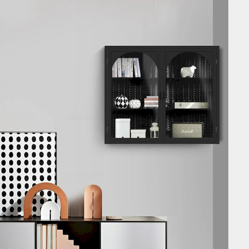 Meuble haut mural moderne à deux portes vitrées avec trois niveaux de rangement