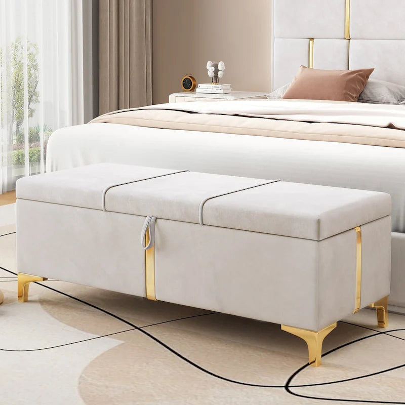 Banc de rangement élégant rembourré avec pieds en métal