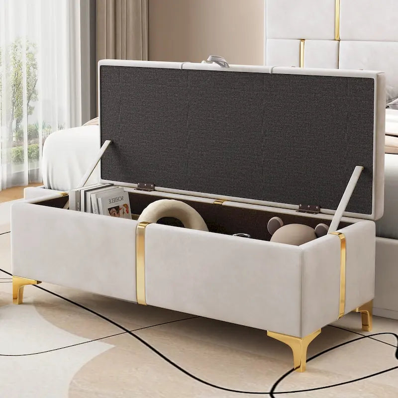 Banc de rangement élégant rembourré avec pieds en métal
