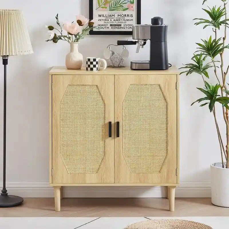 Meuble bas de cuisine avec portes décoratives en rotin
