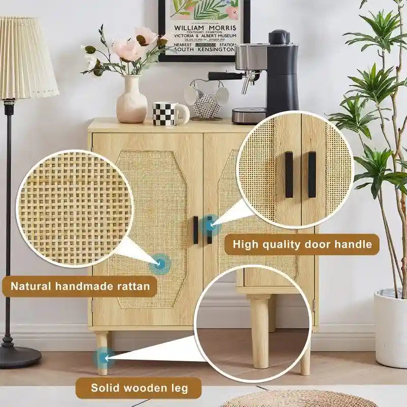 Meuble bas de cuisine avec portes décoratives en rotin