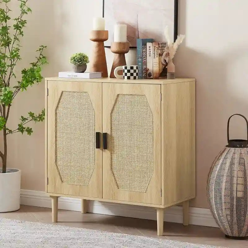 Meuble bas de cuisine avec portes décoratives en rotin