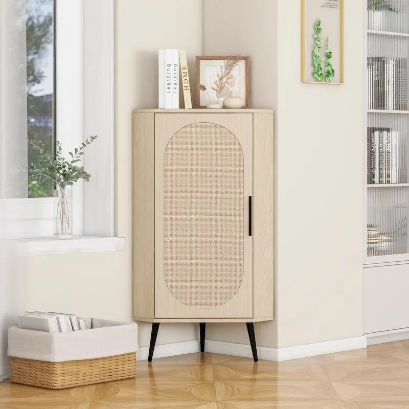 Meuble d'angle, Porte en rotin, Tables d'angle autoportantes pour petits espaces, Étagère d'angle pour salon, cuisine, salle de bain