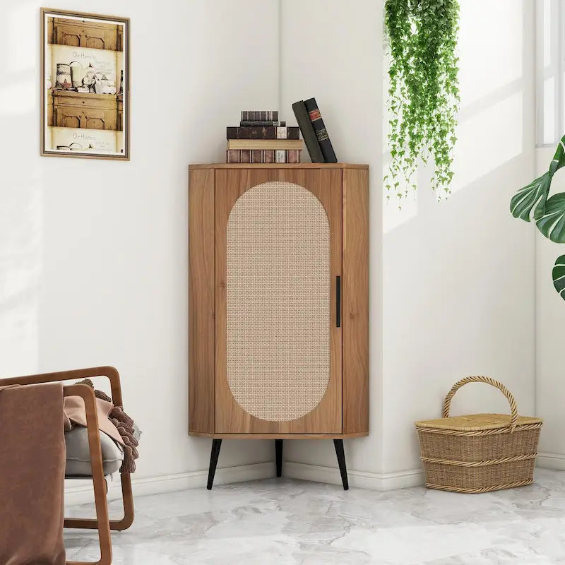 Meuble d'angle, Porte en rotin, Tables d'angle autoportantes pour petits espaces, Étagère d'angle pour salon, cuisine, salle de bain