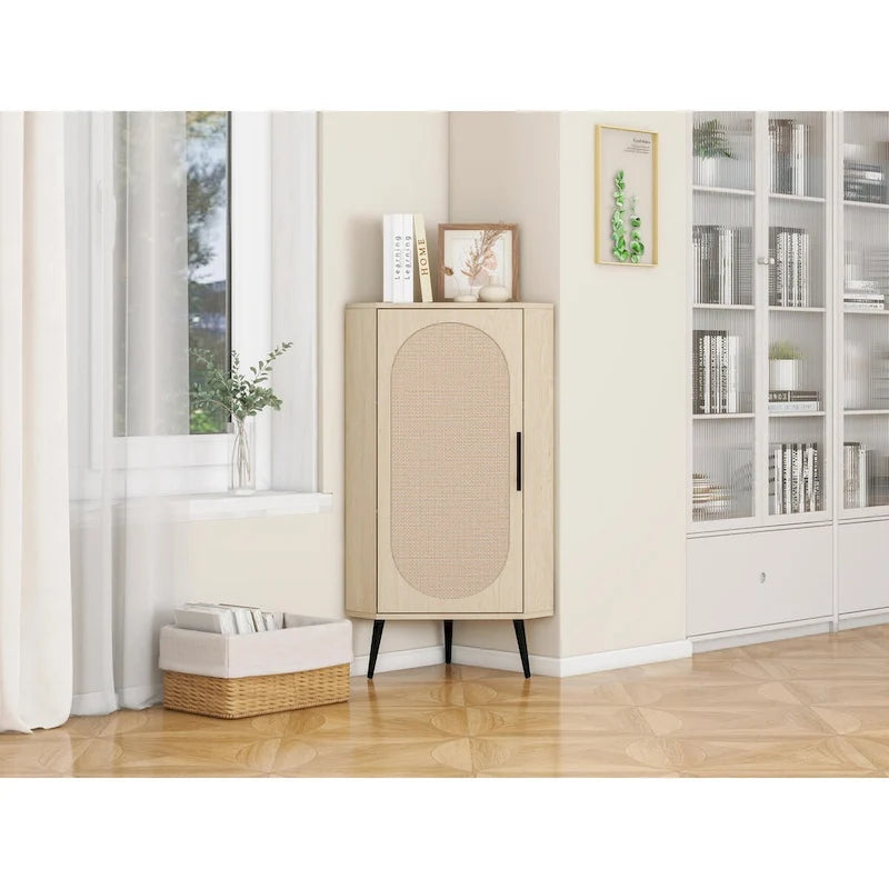 Meuble d'angle, Porte en rotin, Tables d'angle autoportantes pour petits espaces, Étagère d'angle pour salon, cuisine, salle de bain