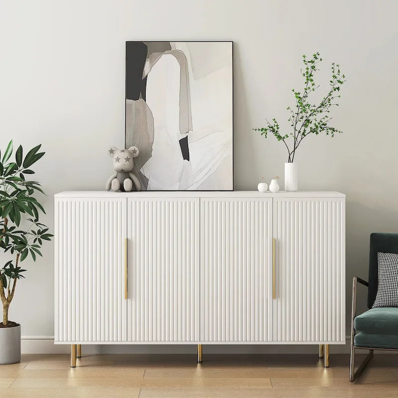 Buffet moderne blanc avec rangement, grand buffet cannelé avec étagères réglables, console.