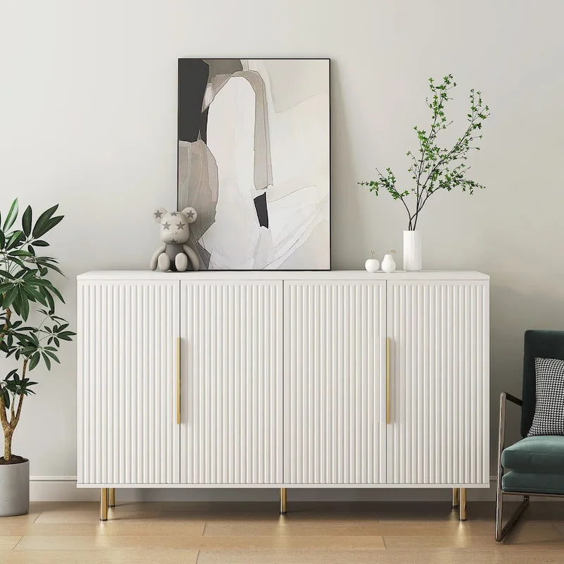 White Modern Buffet Cabinet with Storage, Fluted Sideboard Large Buffet with Adjustable Shelves,Accent Cabinet Console Table