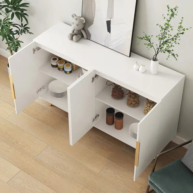 Buffet moderne blanc avec rangement, grand buffet cannelé avec étagères réglables, console.