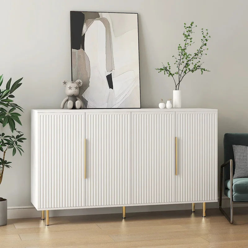 Buffet moderne blanc avec rangement, grand buffet cannelé avec étagères réglables, console.