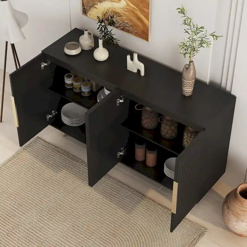 Buffet moderne blanc avec rangement, grand buffet cannelé avec étagères réglables, console.