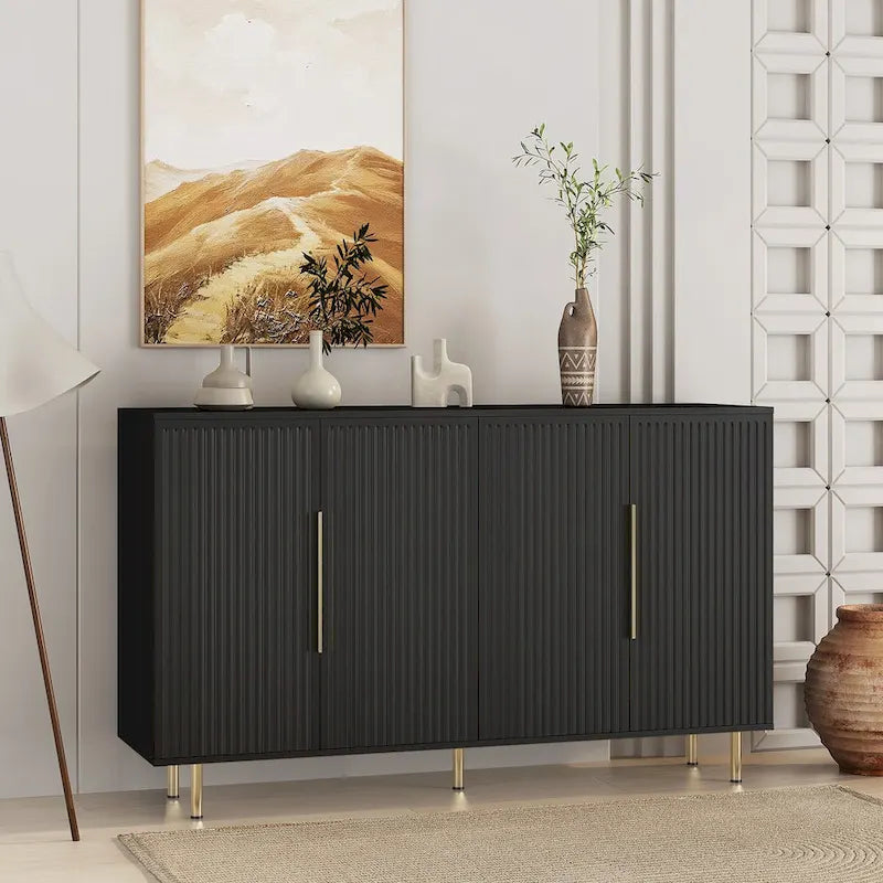 Buffet moderne blanc avec rangement, grand buffet cannelé avec étagères réglables, console.