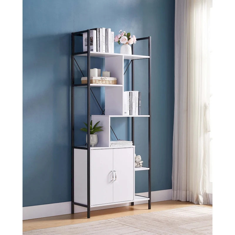 Bibliothèque moderne à six étagères avec armoire de rangement à deux portes et deux étagères - Métal blanc et noir