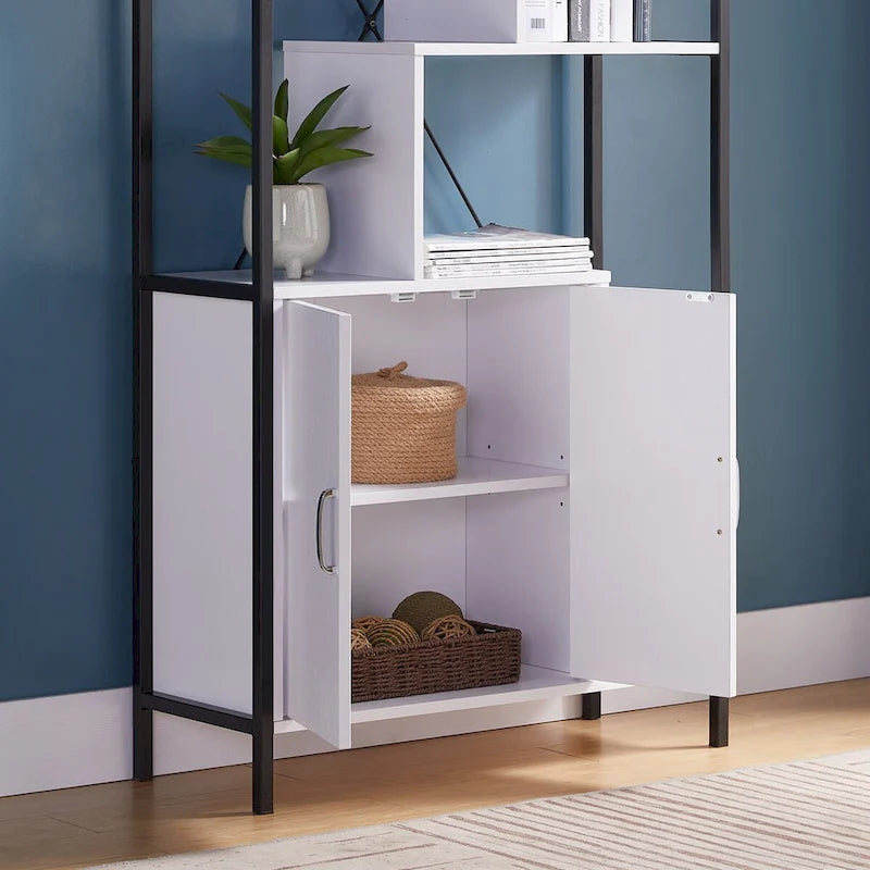 Bibliothèque moderne à six étagères avec armoire de rangement à deux portes et deux étagères - Métal blanc et noir