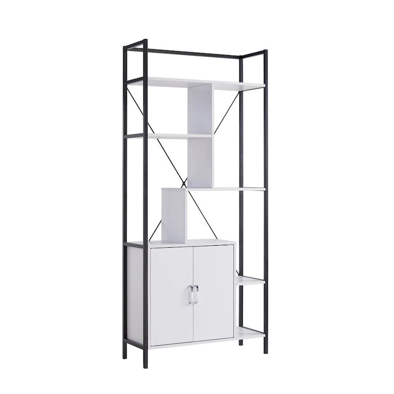 Bibliothèque moderne à six étagères avec armoire de rangement à deux portes et deux étagères - Métal blanc et noir