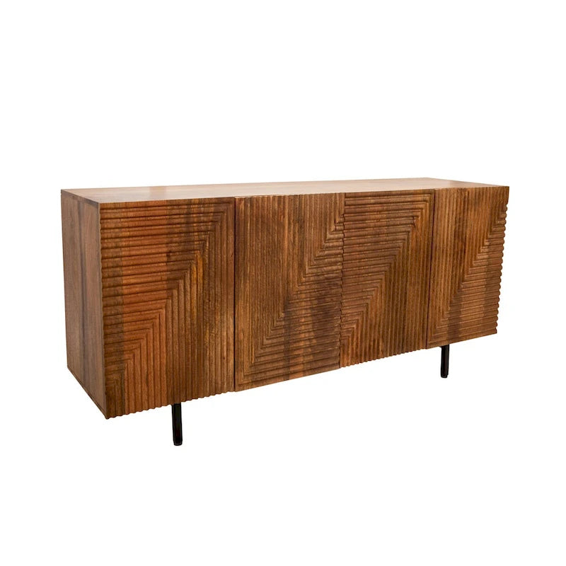 Élégant buffet 4 portes en bois avec panneaux cannelés, brun riche, matériaux durables en métal et bois - 63.0 x 17.7 x 29.5
