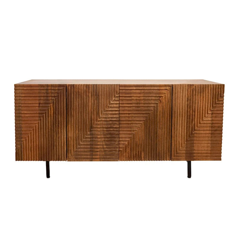 Élégant buffet 4 portes en bois avec panneaux cannelés, brun riche, matériaux durables en métal et bois - 63.0 x 17.7 x 29.5