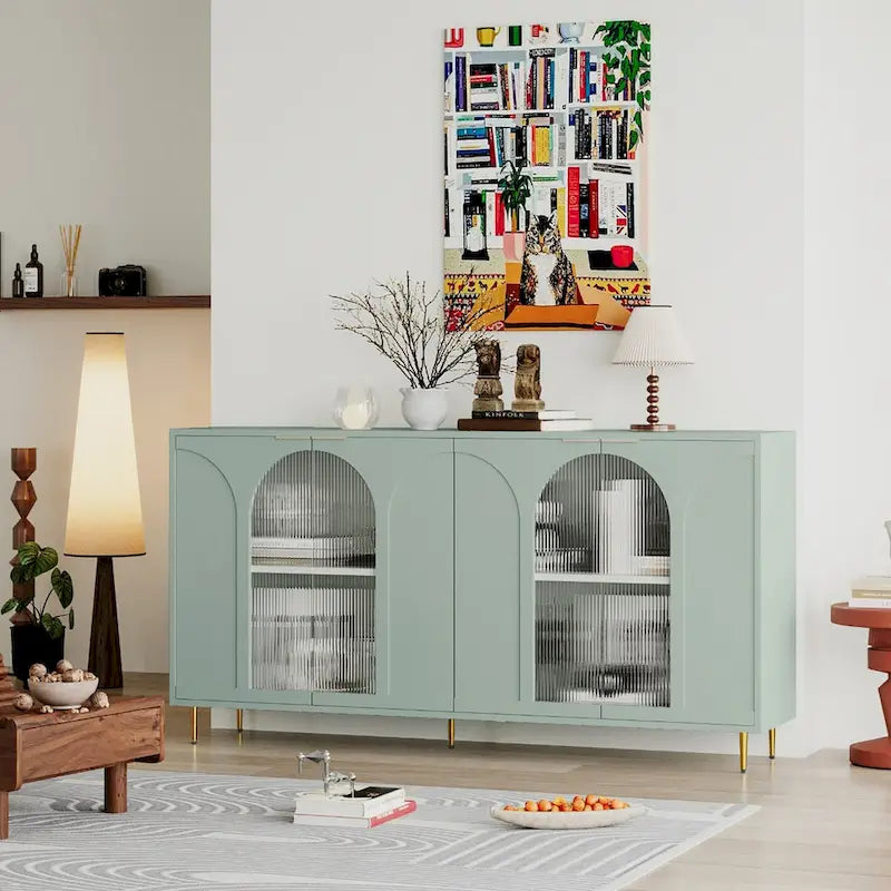 Meuble de rangement laqué avec 4 portes vitrées, buffet de rangement pour salon, vert menthe