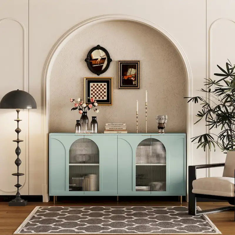 Meuble de rangement laqué avec 4 portes vitrées, buffet de rangement pour salon, vert menthe