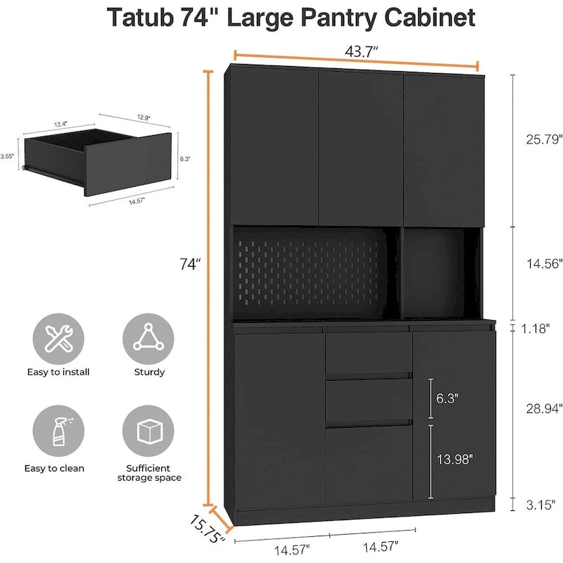 Armoire de cuisine indépendante de 74 po avec 6 portes, 3 étagères et 2 tiroirs – Meuble polyvalent pour chambre et cuisine
