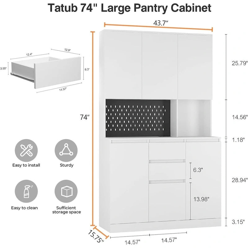 Armoire de cuisine indépendante de 74 po avec 6 portes, 3 étagères et 2 tiroirs – Meuble polyvalent pour chambre et cuisine