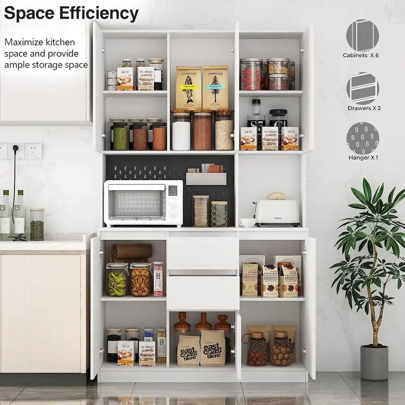 Armoire de cuisine indépendante de 74 po avec 6 portes, 3 étagères et 2 tiroirs – Meuble polyvalent pour chambre et cuisine