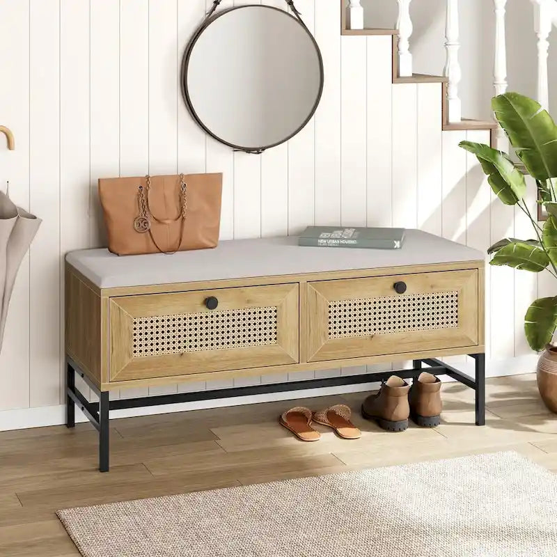 Rattan Shoe Bench Entryway Bench with 2 Storage Drawers