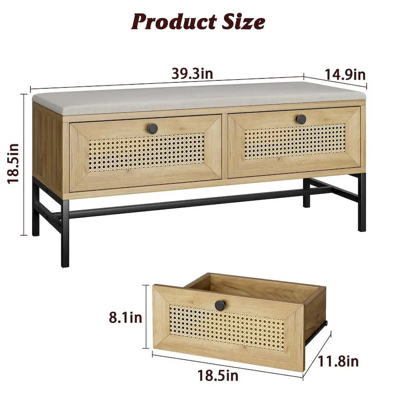 Banc à chaussures en rotin avec 2 tiroirs de rangement
