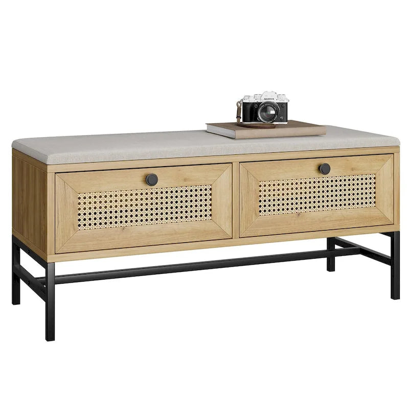 Banc à chaussures en rotin avec 2 tiroirs de rangement