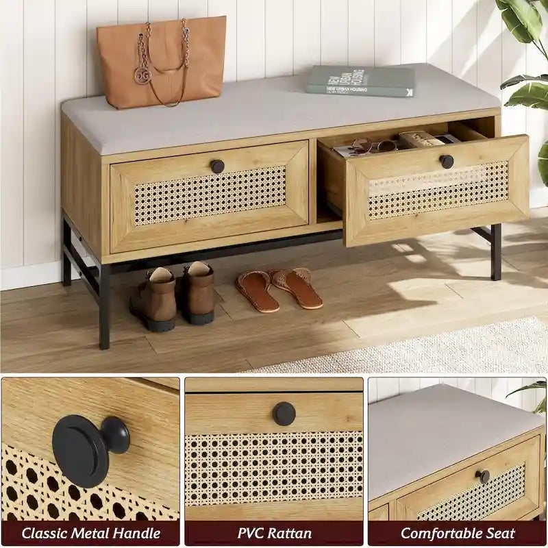 Banc à chaussures en rotin avec 2 tiroirs de rangement