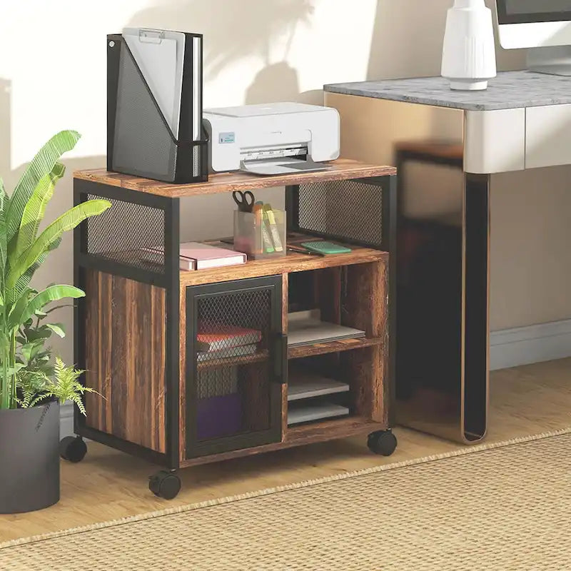 Vinsetto Printer Stand Table with Socket and USB Charging Ports, Industrial Mobile File Cabinet with Cable Hole, Wheels