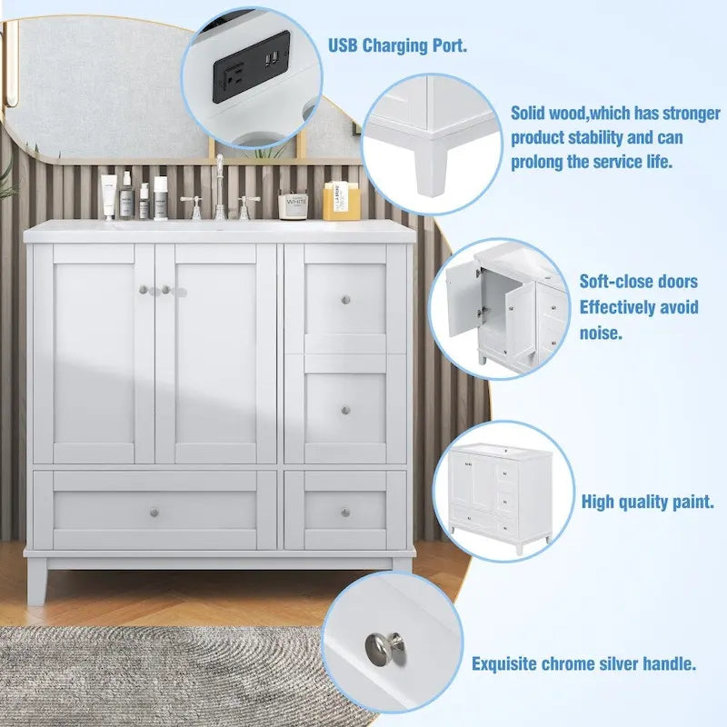 Meuble-lavabo de salle de bain moderne de 36 pouces avec port de chargement USB et dessus en résine simple