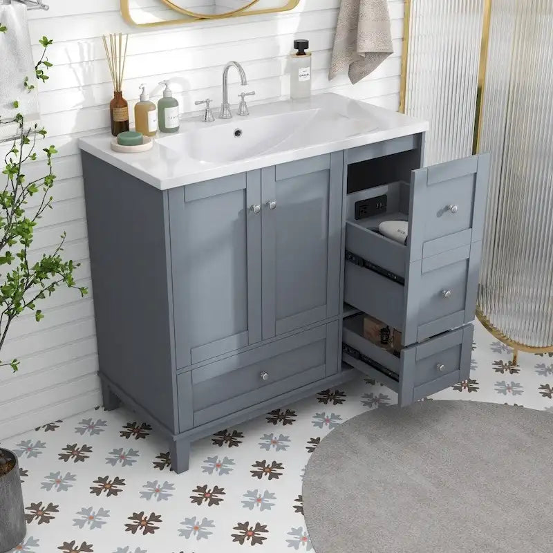 Meuble-lavabo de salle de bain moderne de 36 pouces avec port de chargement USB et dessus en résine simple