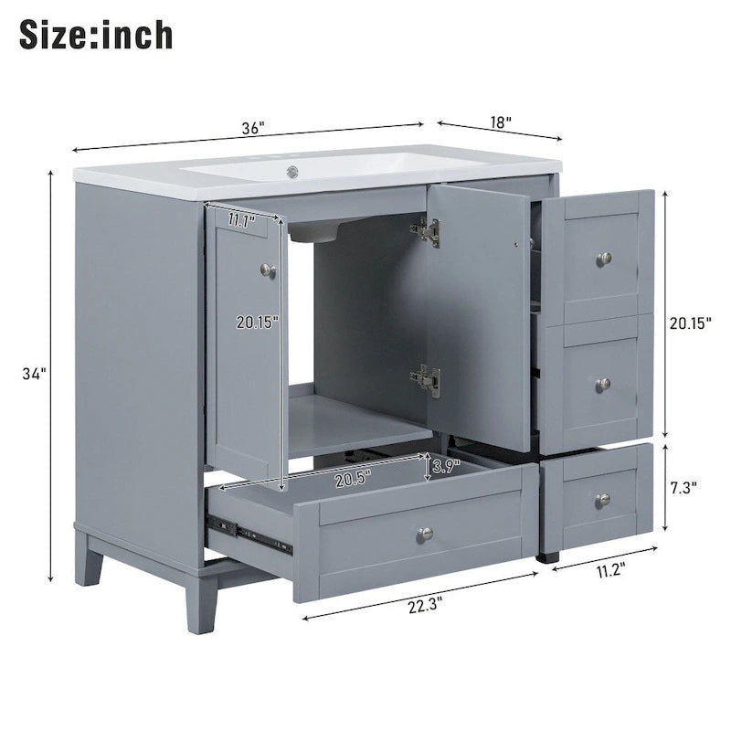 Meuble-lavabo de salle de bain moderne de 36 pouces avec port de chargement USB et dessus en résine simple