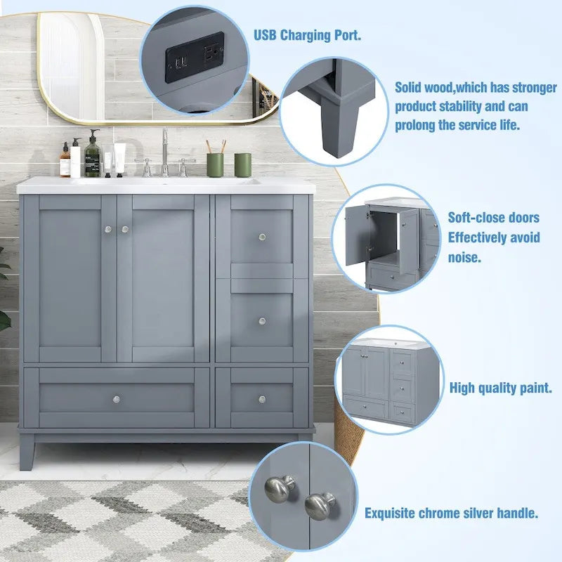 Meuble-lavabo de salle de bain moderne de 36 pouces avec port de chargement USB et dessus en résine simple