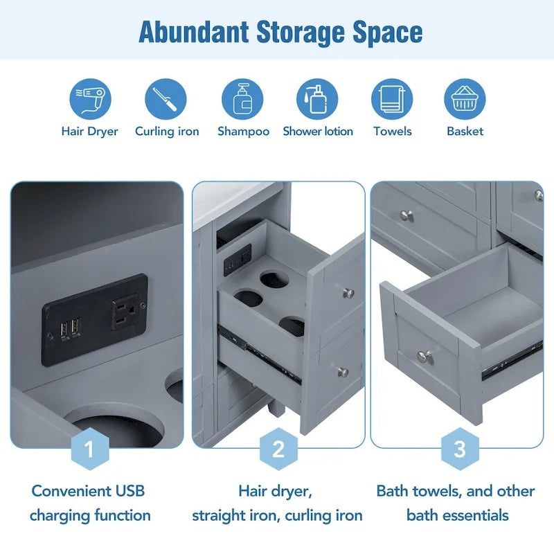 Meuble-lavabo de salle de bain moderne de 36 pouces avec port de chargement USB et dessus en résine simple