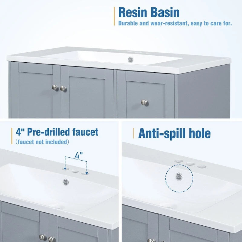 Meuble-lavabo de salle de bain moderne de 36 pouces avec port de chargement USB et dessus en résine simple