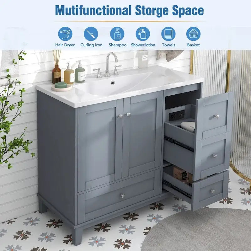 Meuble-lavabo de salle de bain moderne de 36 pouces avec port de chargement USB et dessus en résine simple