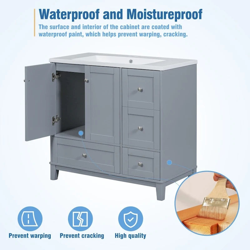 Meuble-lavabo de salle de bain moderne de 36 pouces avec port de chargement USB et dessus en résine simple