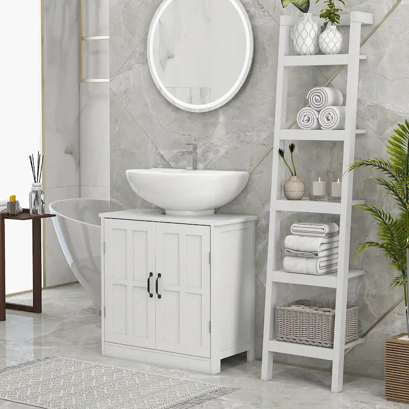 Meuble sous-lavabo, Meuble sous-lavabo sur pied avec étagère réglable, Blanc